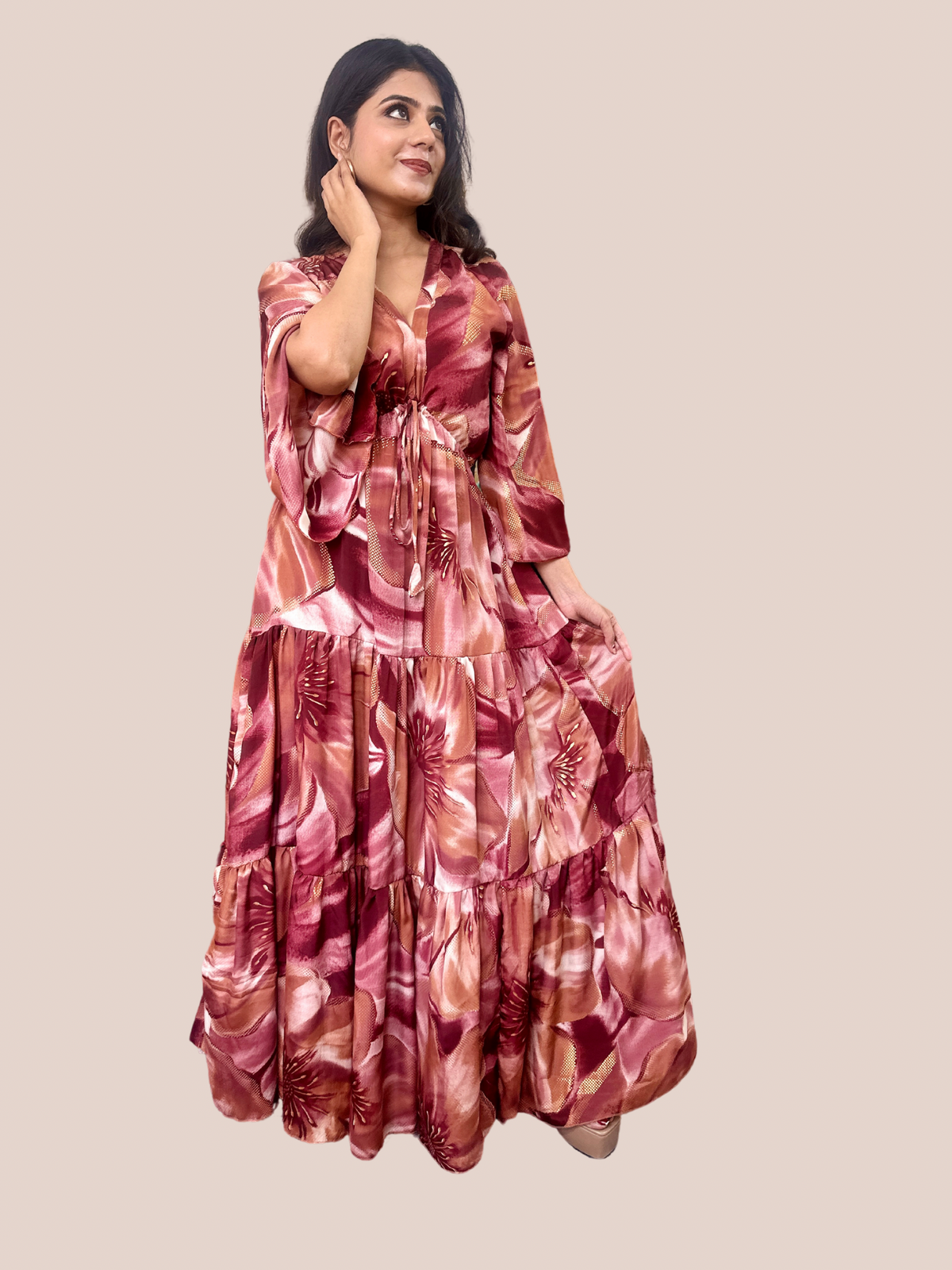 Pink Floral Printed Long Dress