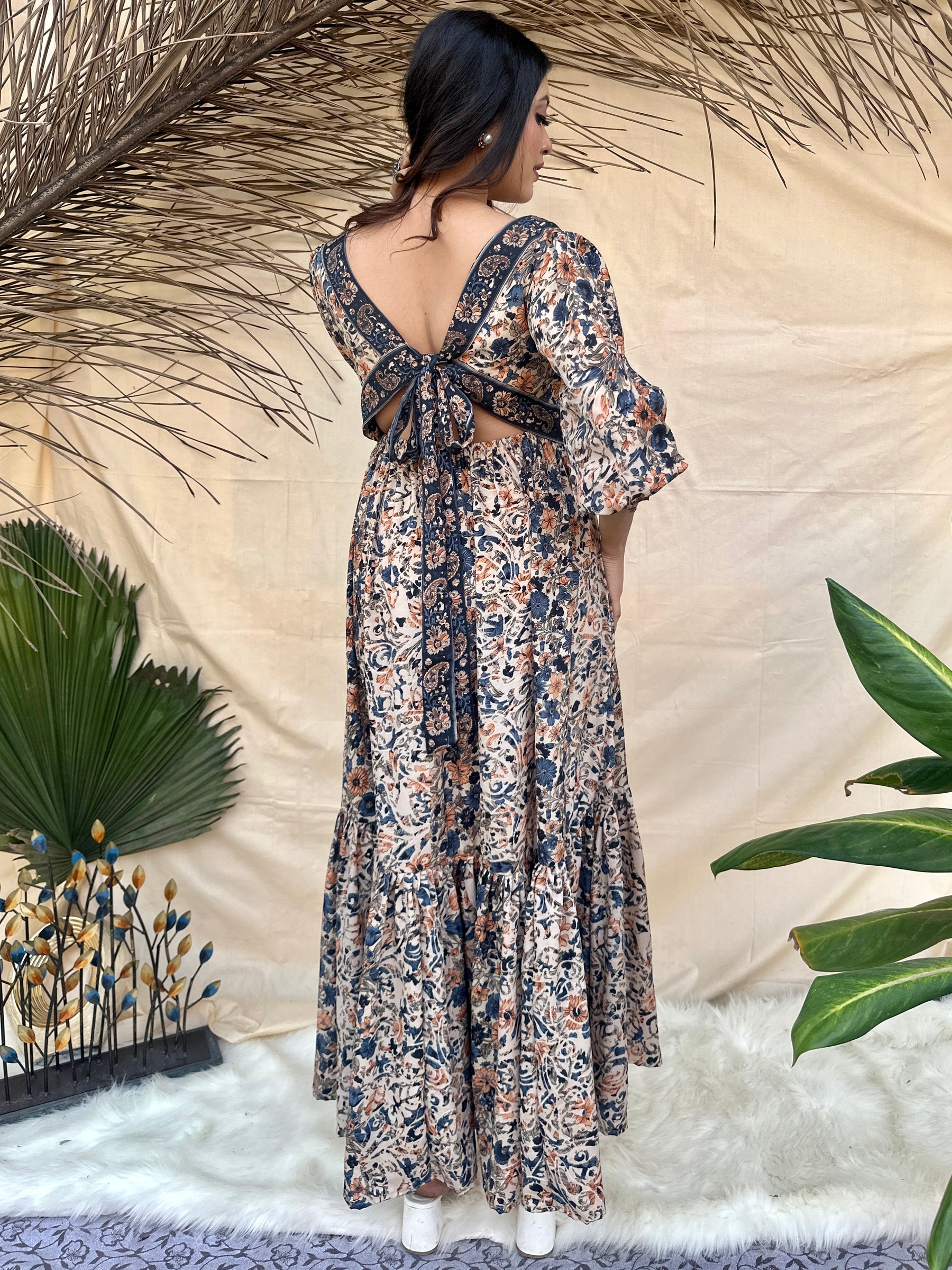 Beige Floral Printed Backless Midi Dress