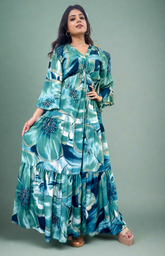 Green Floral Foil Printed Long Dress