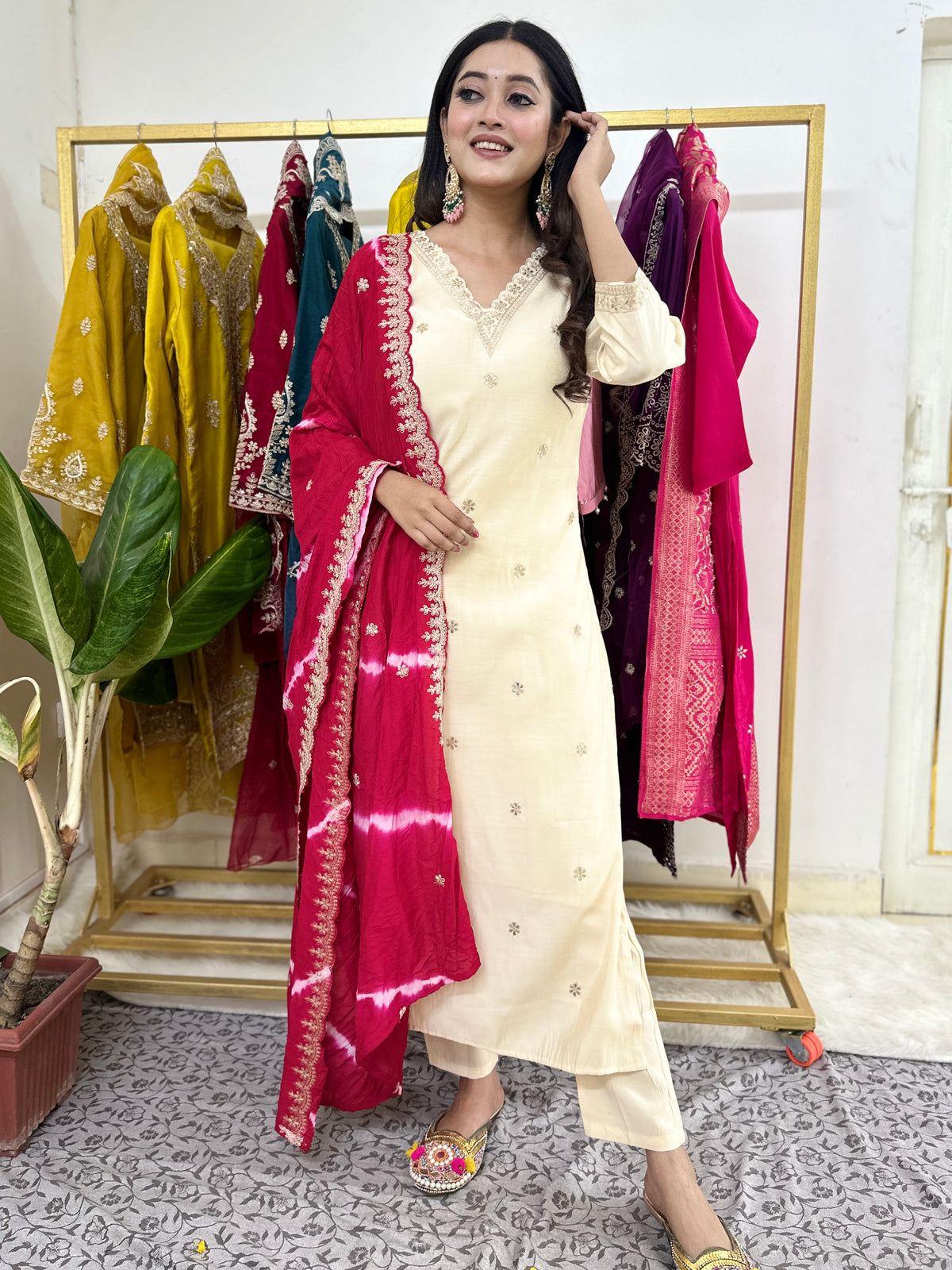 Cream Color Kurta Set with Red Dupatta