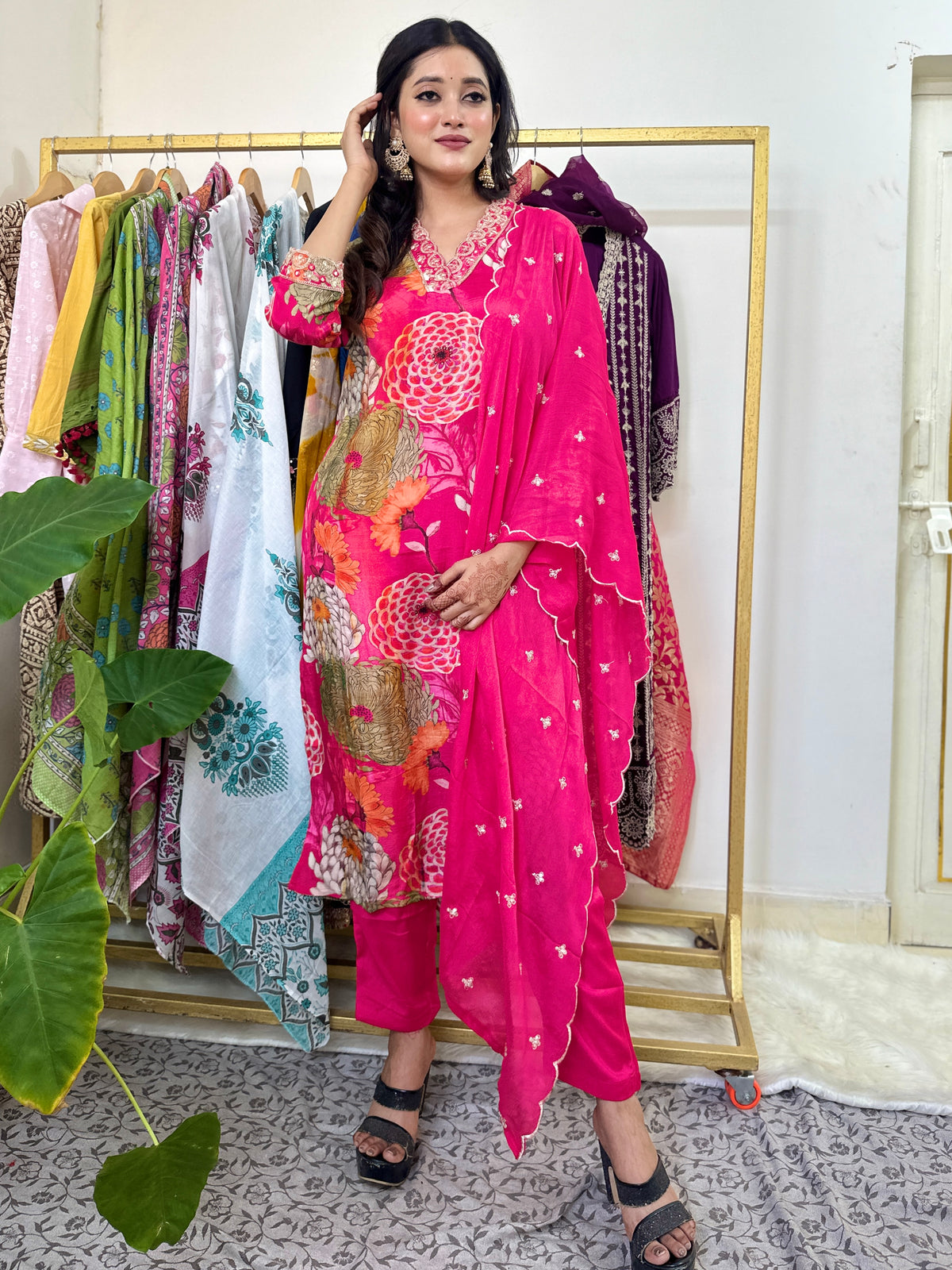 Pink Floral Muslin Kurta Set