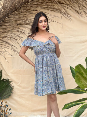 Blue Off Shoulder Cotton Short Dress