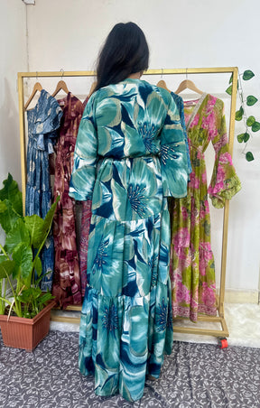 Green Floral Foil Printed Long Dress