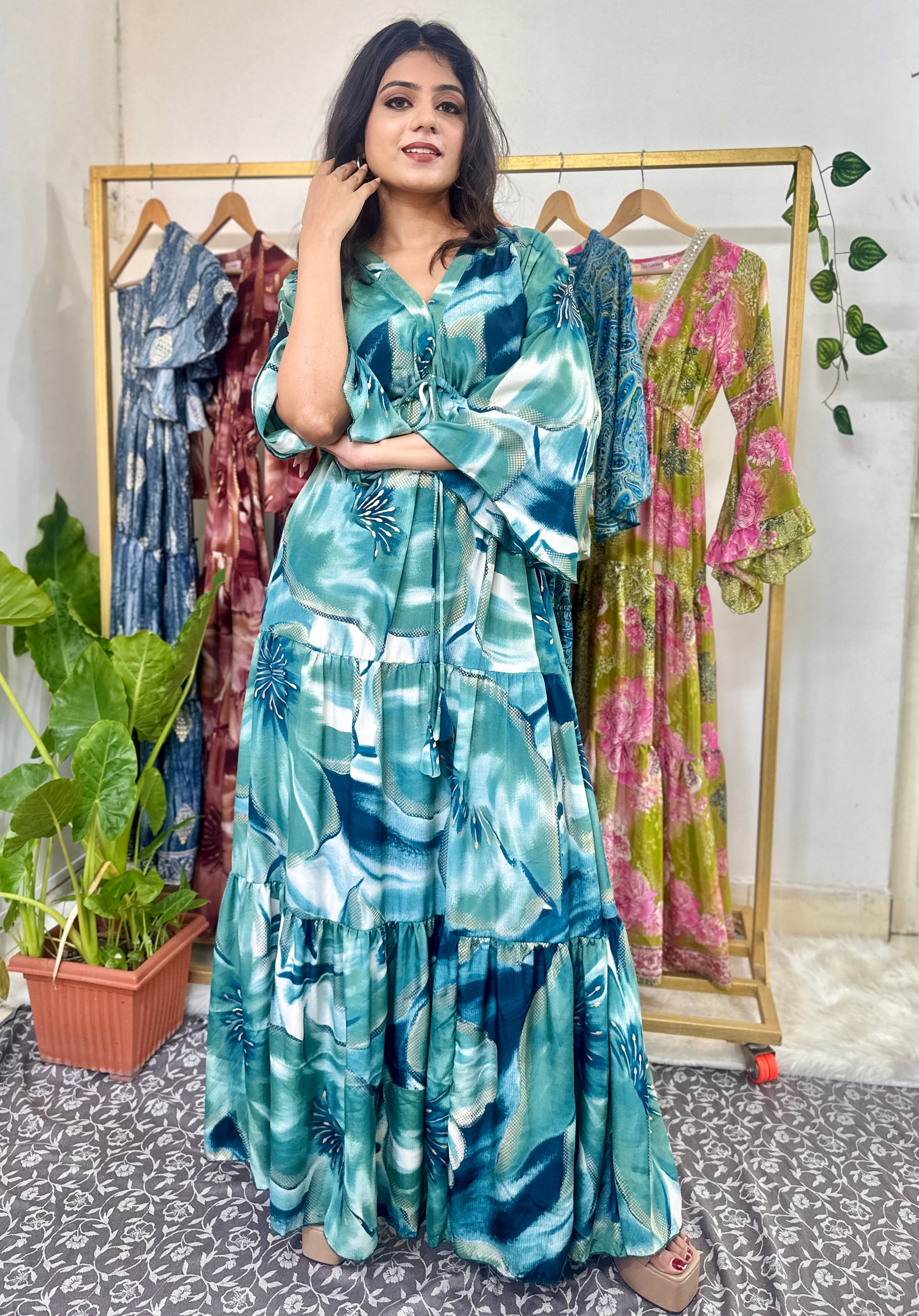 Green Floral Foil Printed Long Dress