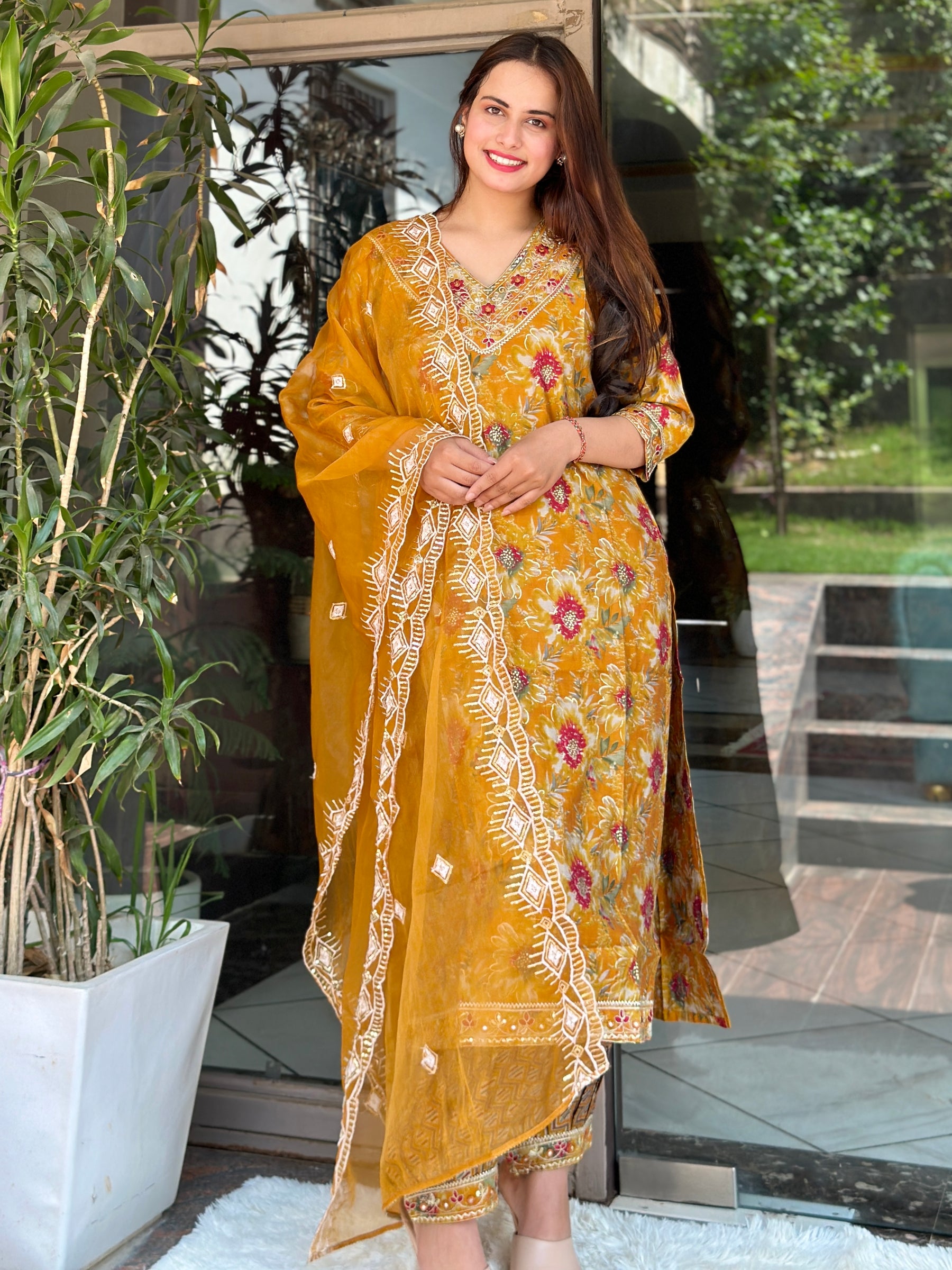 Yellow Muslin Dhoti Set with Organza Dupatta