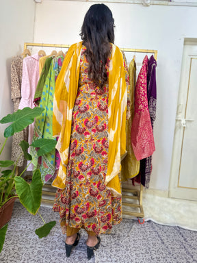 Yellow Cotton Printed Anarkali Kurta Set