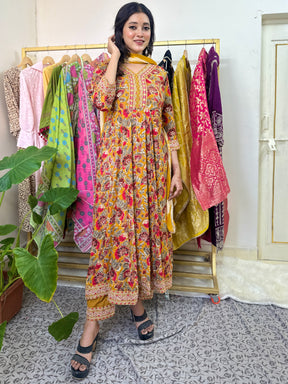 Yellow Cotton Printed Anarkali Kurta Set