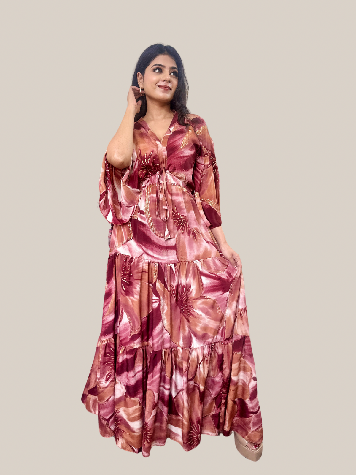 Pink Floral Printed Long Dress