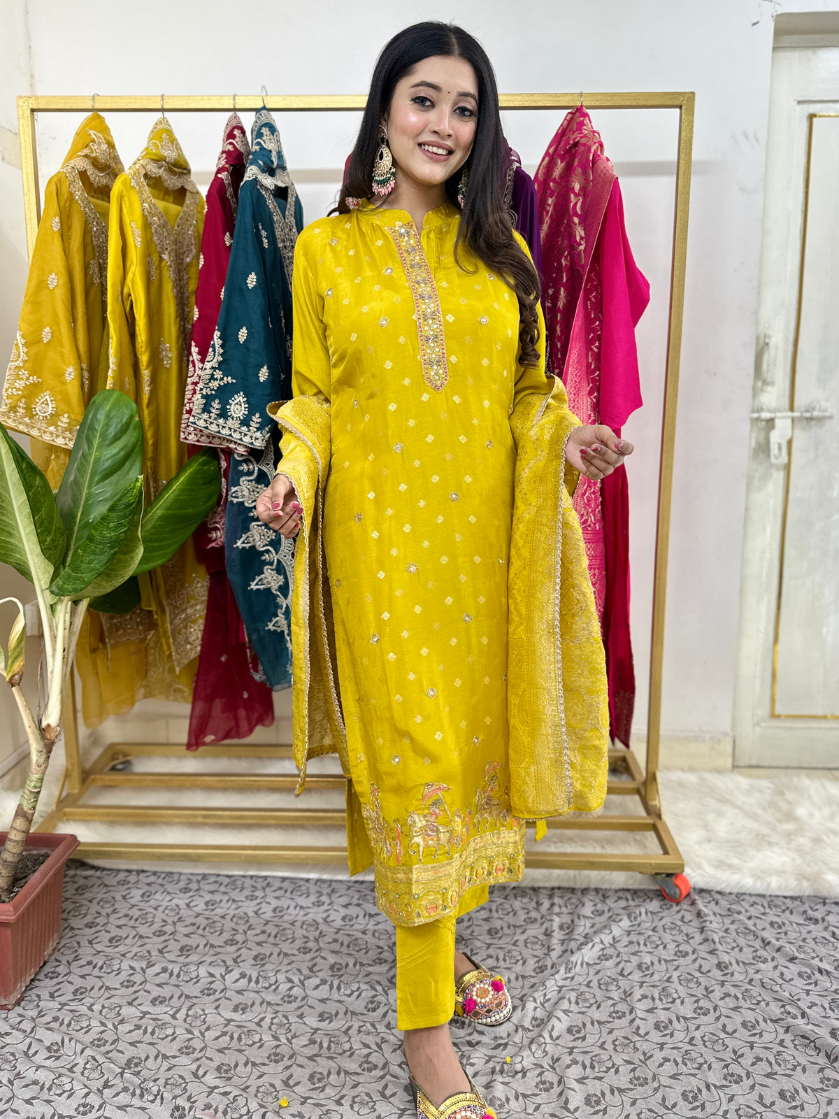 Yellow Ghoda Palki Handwork Kurta Set