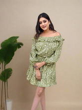 Off shoulder Green Short Cotton Dress