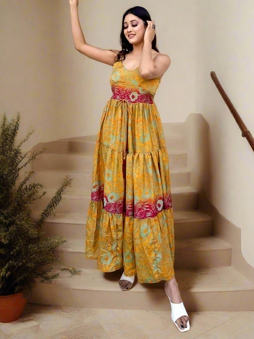 Yellow Floral Printed Boho Maxi Dress