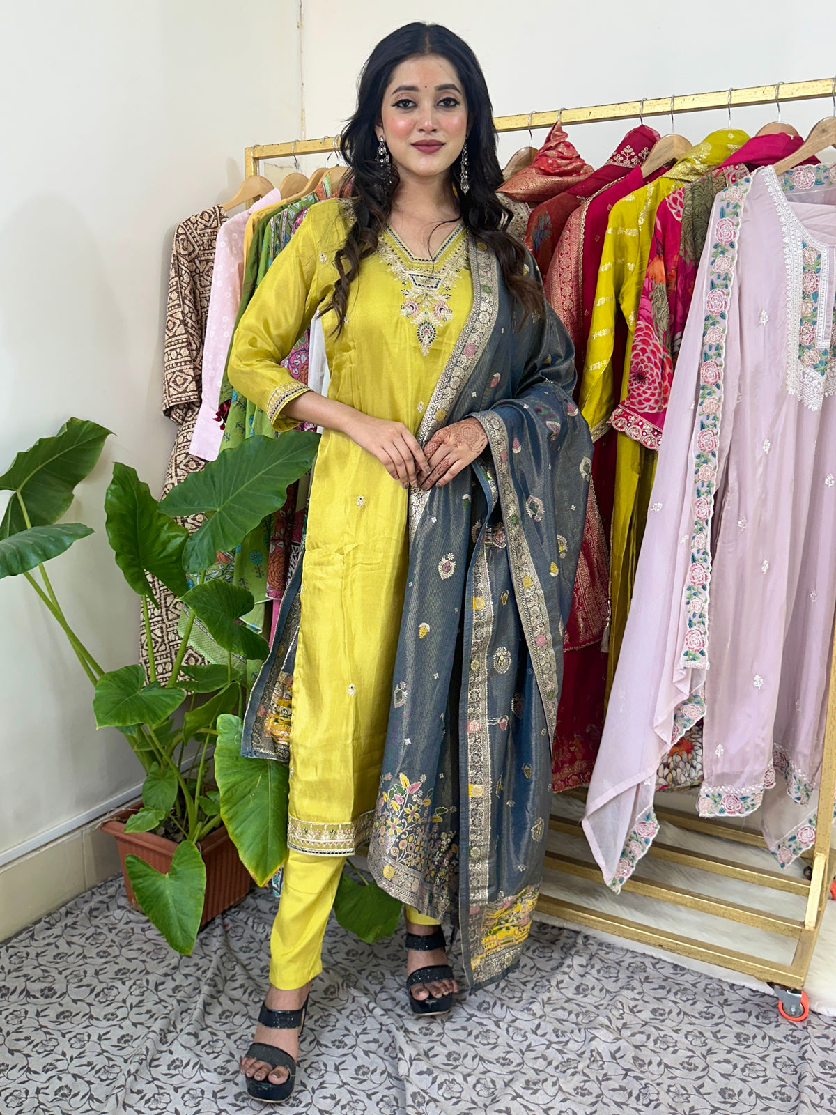 Lime Yellow Kurta Set with Grey Dupatta