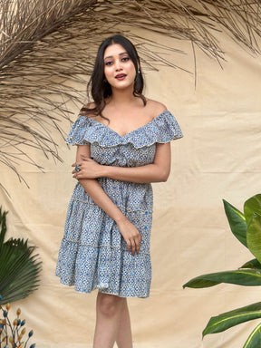 Blue Off Shoulder Cotton Short Dress