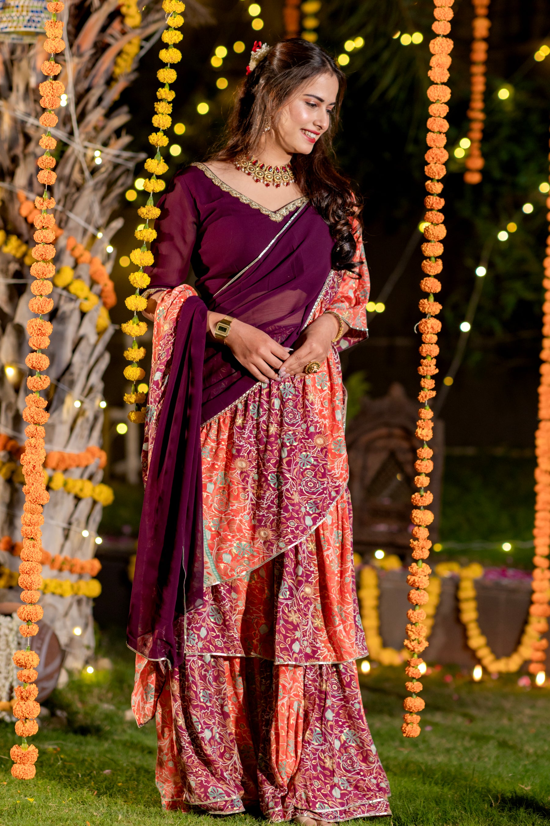 Burgundy Blush Pre Draped Saree