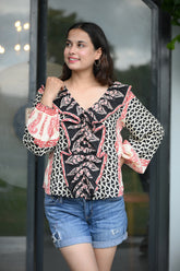 Ruffle Top - Beige Printed