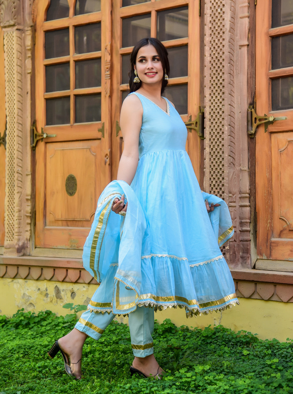 Blue Chanderi Anarkali Kurta Set