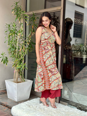 Beige Printed Cut Sleeves Alia Cut Kurta Set