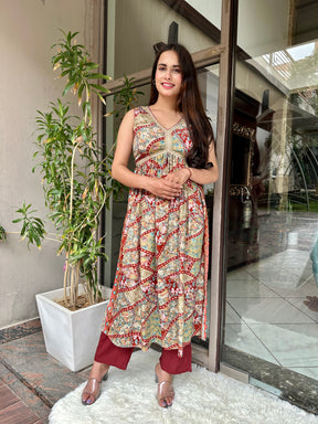 Beige Printed Cut Sleeves Alia Cut Kurta Set