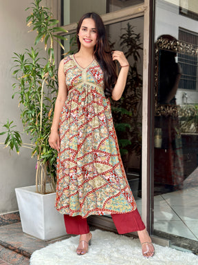 Beige Printed Cut Sleeves Alia Cut Kurta Set