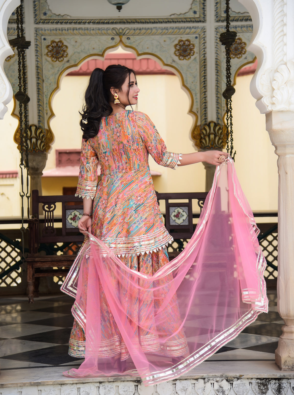 Peachy Pink Lurex Gota Work Sharara Set