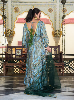 Deep V Back Green Blue Anarkali Kurta