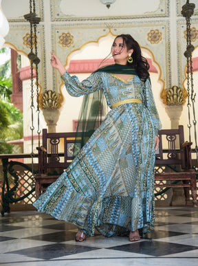 Deep V Back Green Blue Anarkali Kurta