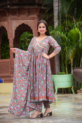 Pink and Blue paisley Floral Print Kurta Set