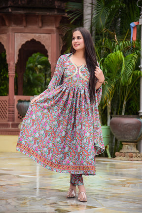 Pink and Blue paisley Floral Print Kurta Set