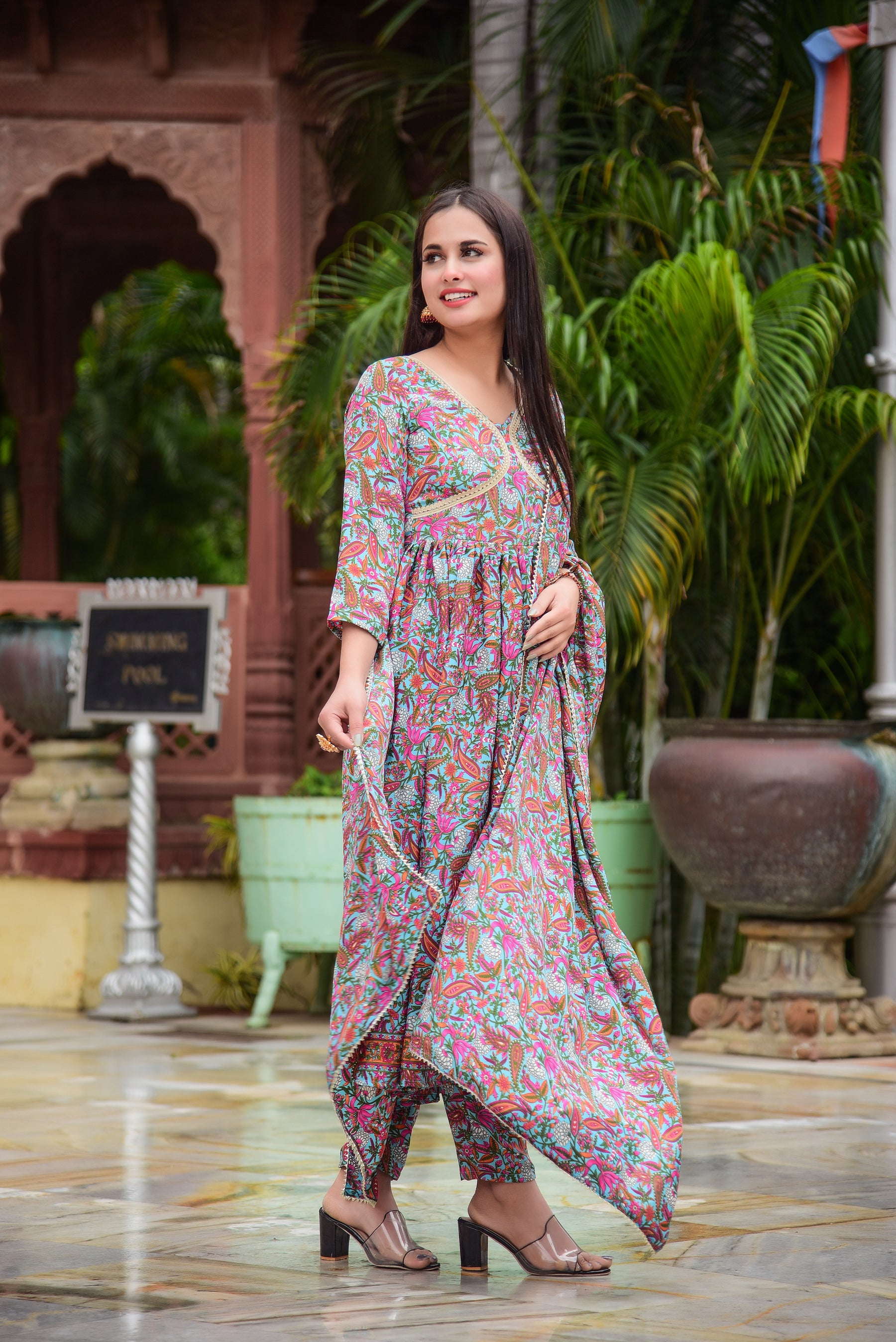 Pink and Blue paisley Floral Print Kurta Set