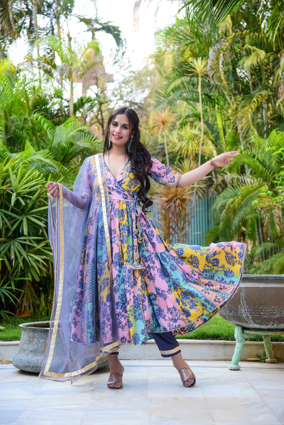 Multicolor floral Angrakha Kurta Set